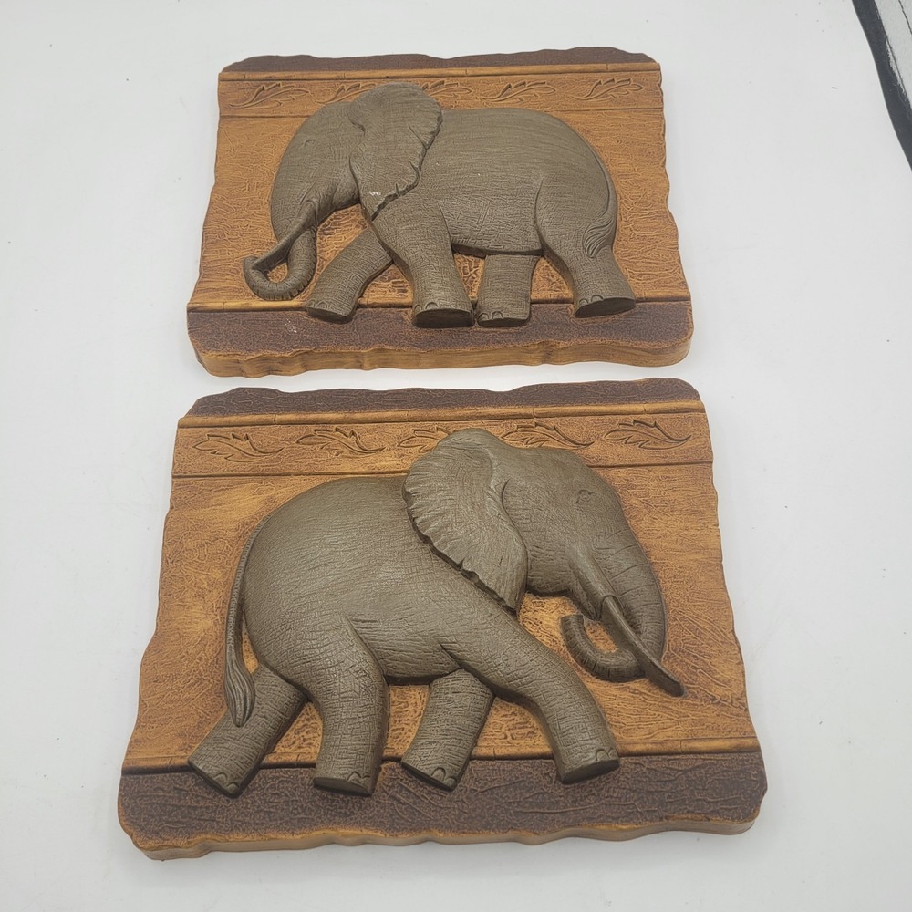 Vtg Home Interiors‎ GIA HOMCO Elephant Wall Hangings Plaques 2-Set 9.5"Wx7.5"T